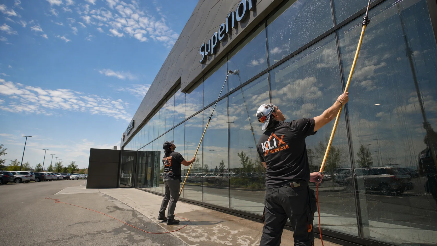 Two Klix technicians cleaning a Thunder Bay commercial building with water-fed poles
