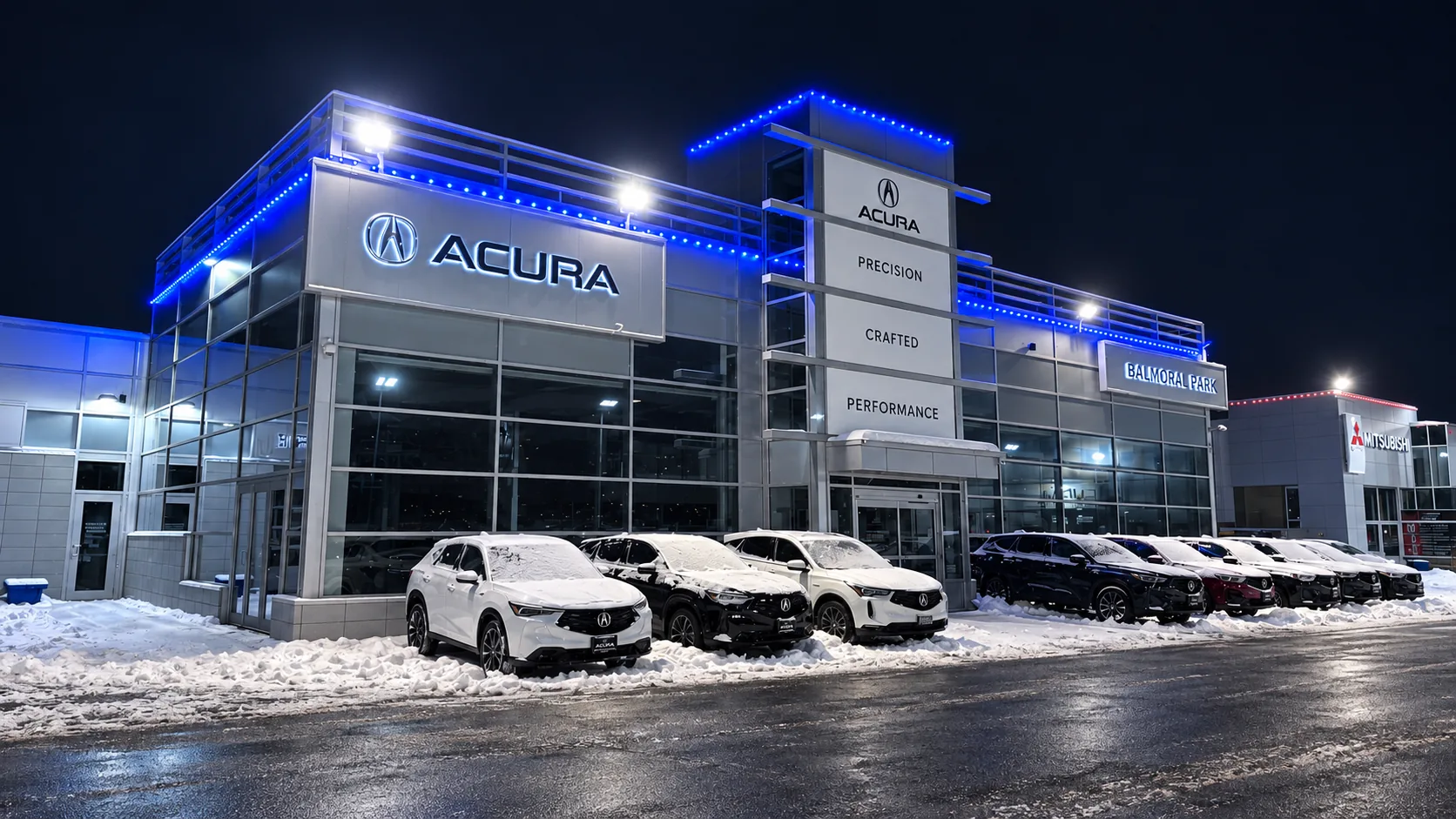 Acura dealership in Thunder Bay illuminated with blue commercial roofline lighting