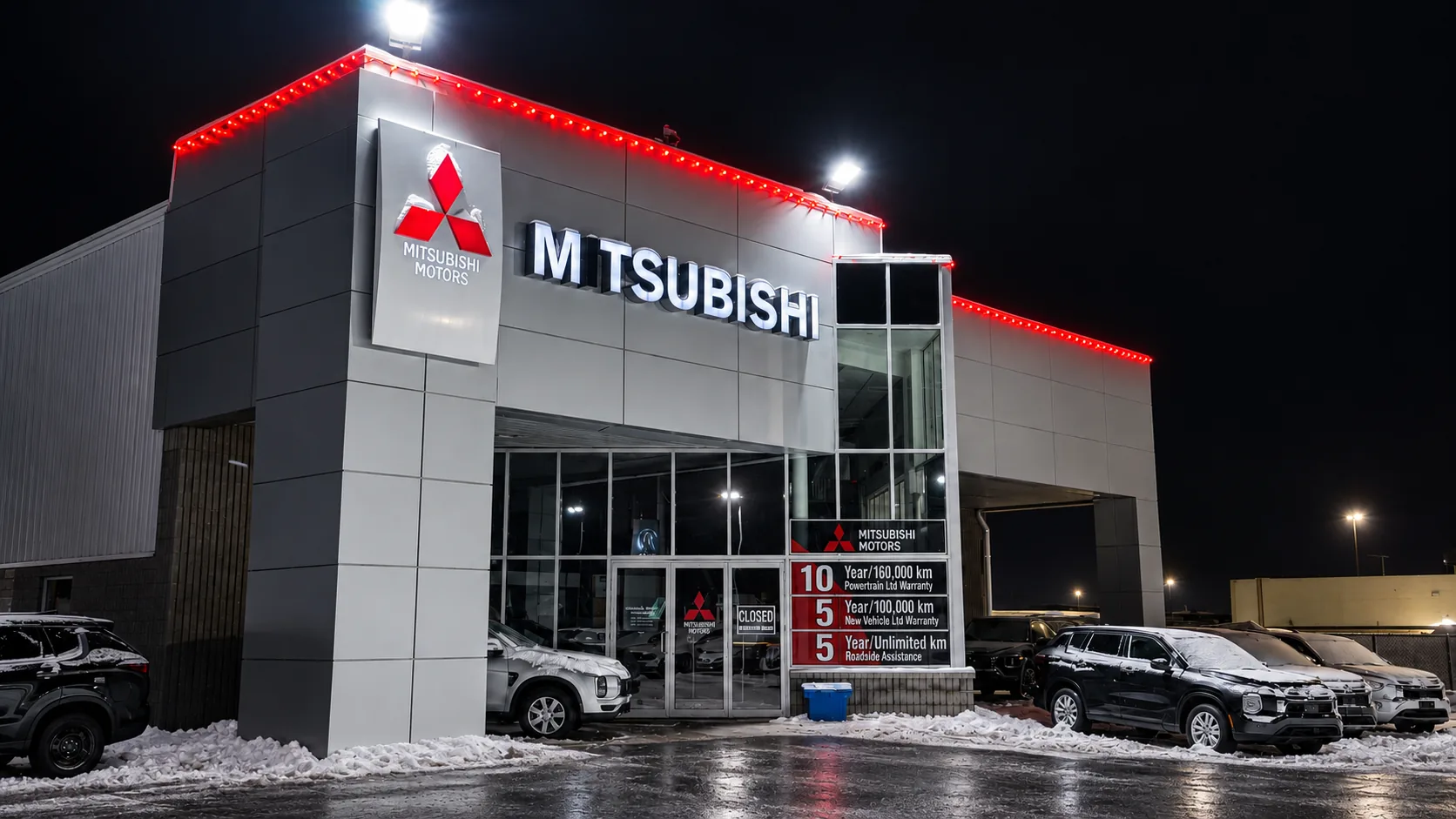 Mitsubishi dealership in Thunder Bay illuminated with red commercial roofline lighting