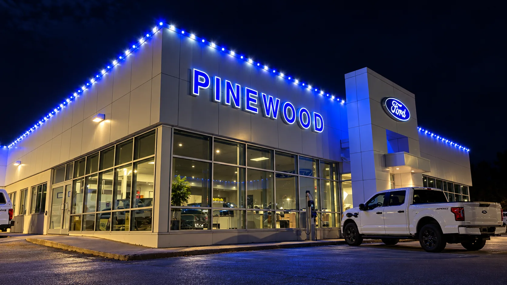 Pinewood Ford dealership in Thunder Bay illuminated with blue and white roofline lighting
