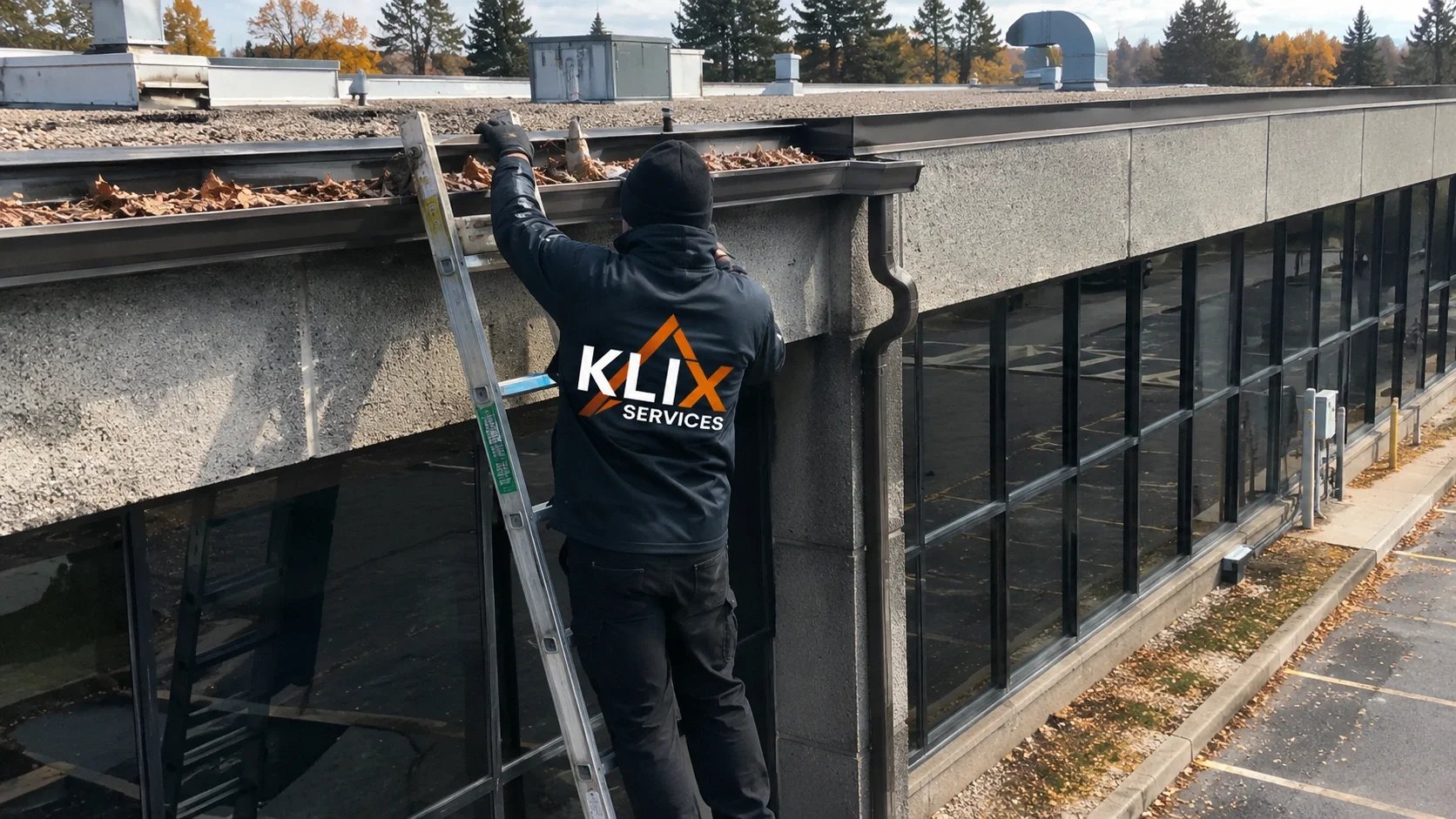 Klix technician clearing leaves from a Thunder Bay commercial gutter