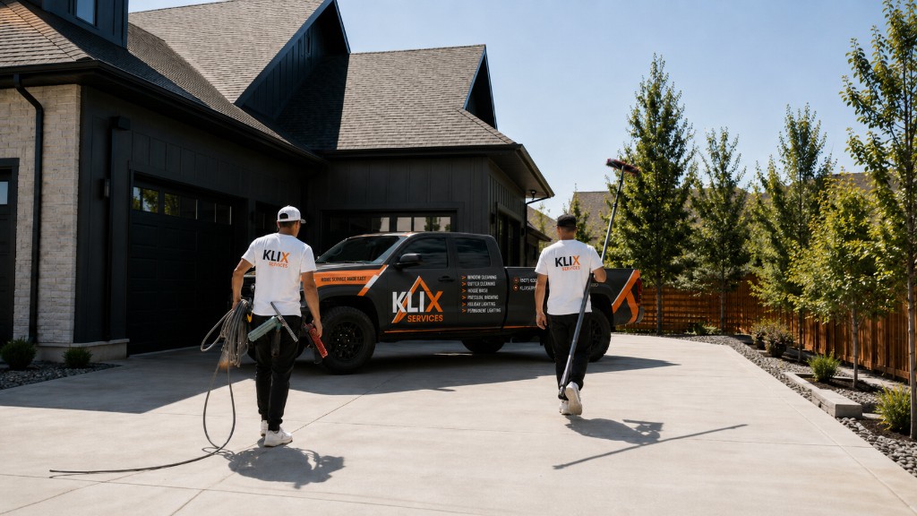 Klix crew walking toward a Thunder Bay home with tools and a water-fed pole