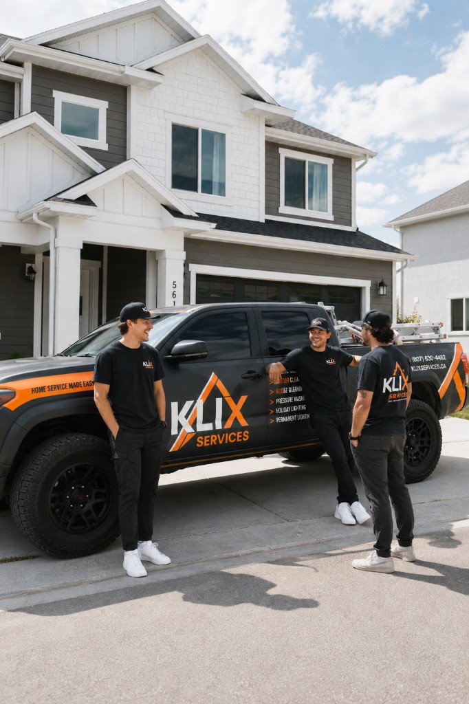 Three Klix technicians talking beside the company truck in Thunder Bay