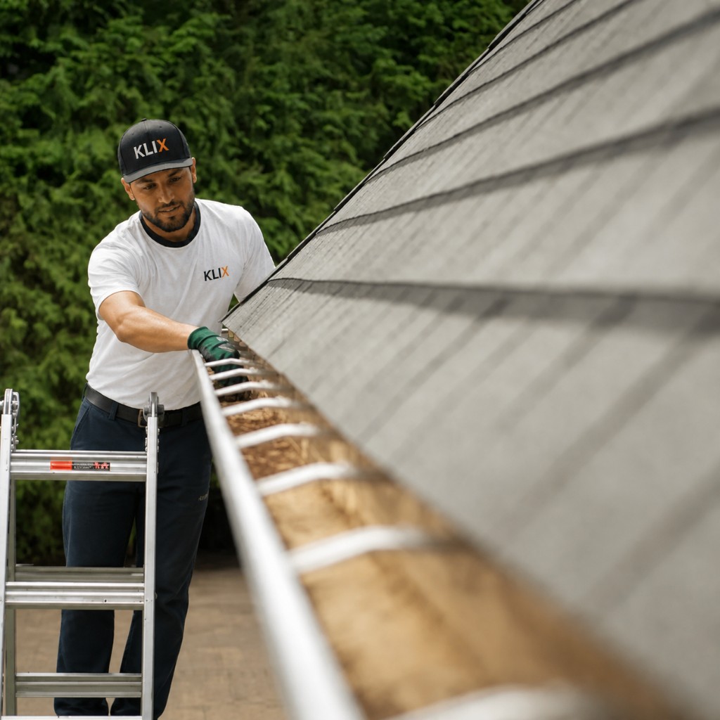 Klix technician on a ladder clearing a residential gutter in Thunder Bay