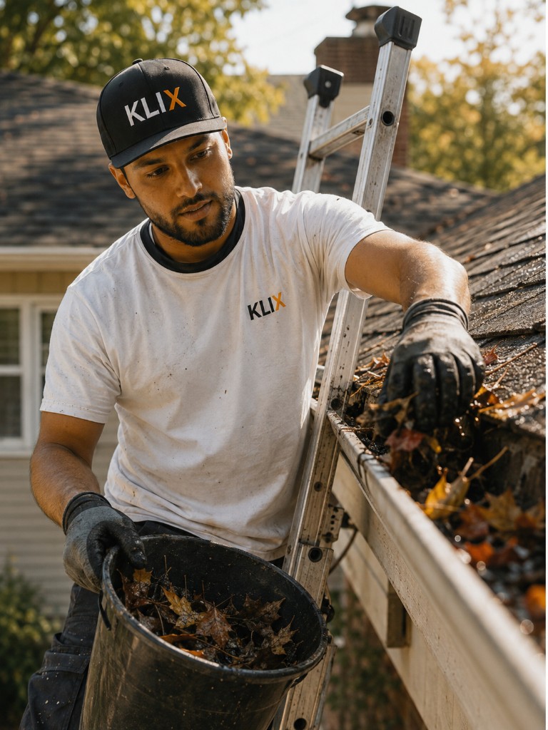 Klix technician dropping leaves from a Thunder Bay gutter into a debris bucket