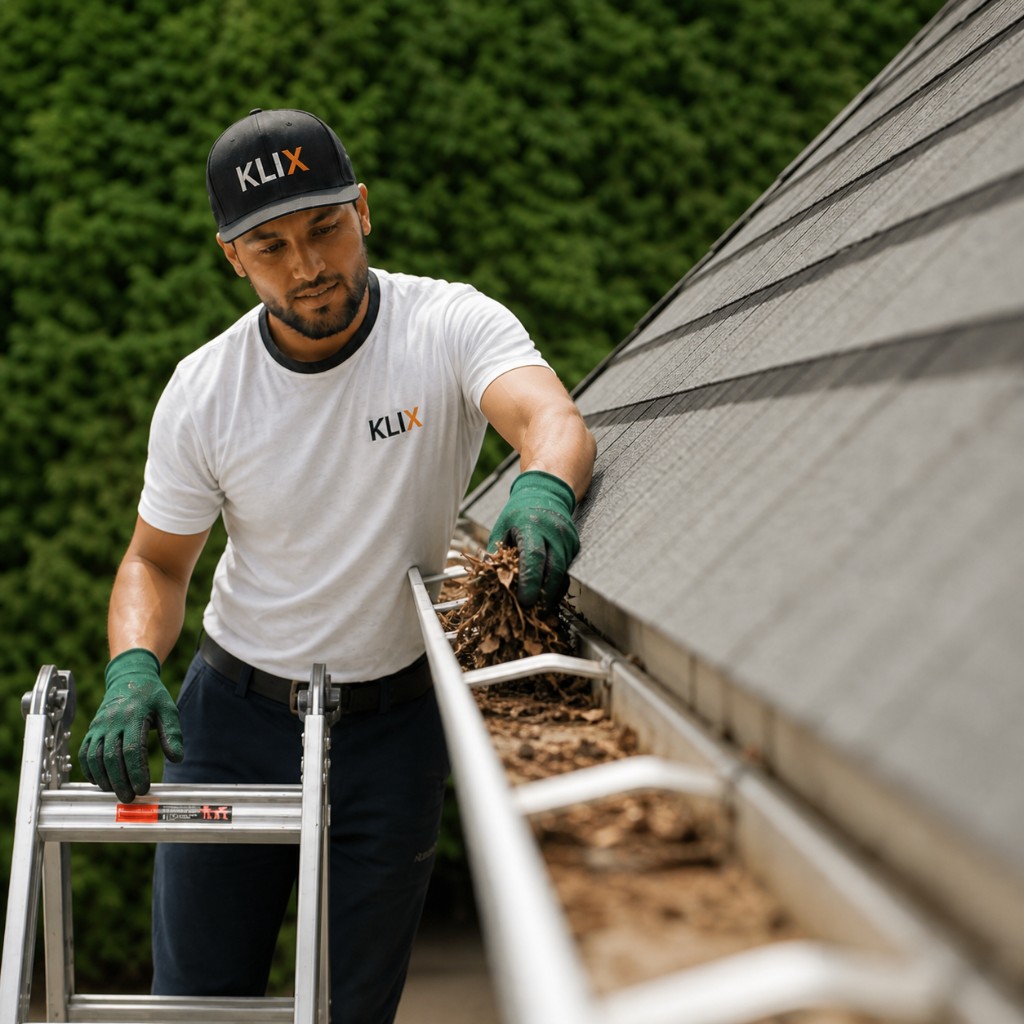 Klix technician pulling packed leaves from a Thunder Bay gutter