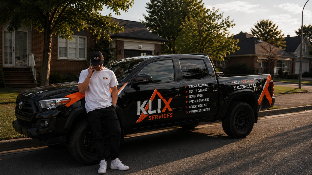 Klix technician on the phone leaning against the company truck in Thunder Bay
