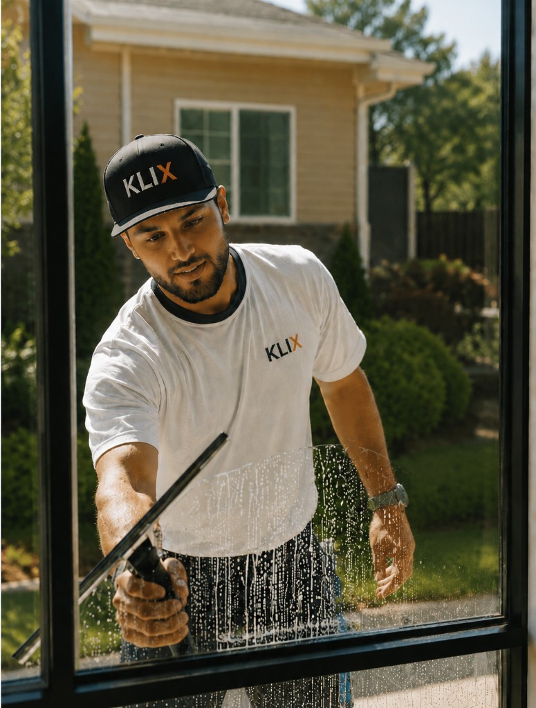 Klix technician squeegeeing a window on a Thunder Bay home