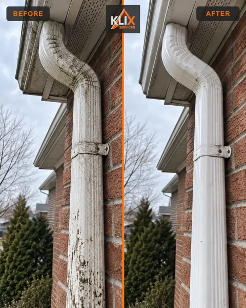 Before-and-after comparison of exterior grime removed from a white downspout