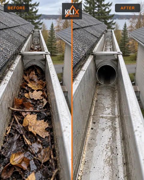 Before-and-after comparison of debris cleared from a gutter downspout outlet