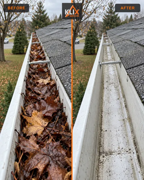 Before-and-after comparison of a residential gutter packed with wet maple leaves