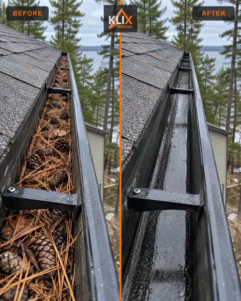 Before-and-after comparison of pine needles cleared from a residential gutter