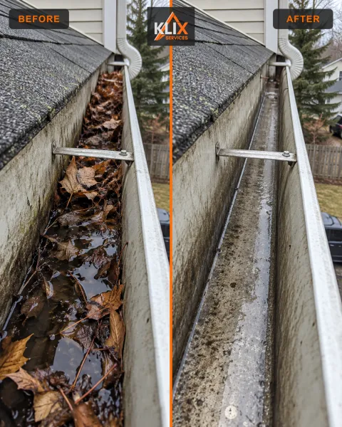 Before-and-after comparison of standing water and debris inside a residential gutter