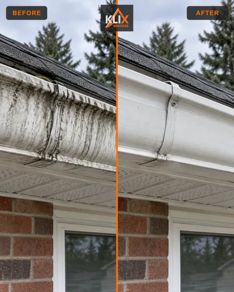 Before-and-after comparison of dark streaks removed from a white exterior gutter face