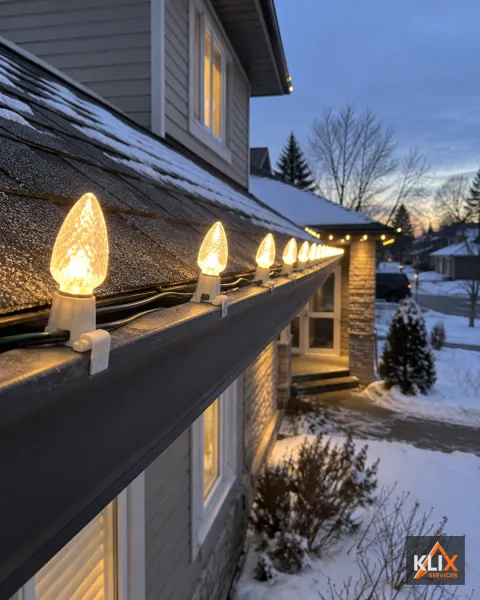 Close-up of warm white C9 holiday bulbs evenly spaced along a roof edge