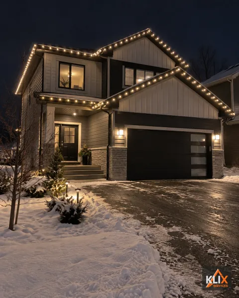 Modern dark-sided home with warm white holiday lights along the roof peaks and garage