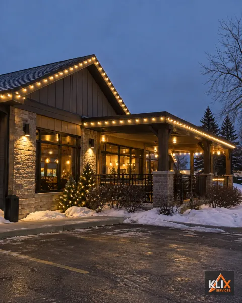 Commercial patio and entrance outlined with warm white holiday lights in winter