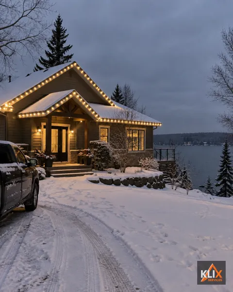 Cottage-style home with warm white roofline lights and snow on the ground