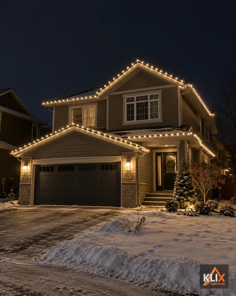 Two-storey home outlined with warm white holiday lights on the upper and lower rooflines