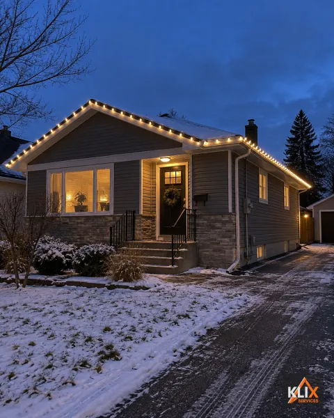 Single-storey home with warm white holiday lights along the roofline at dusk