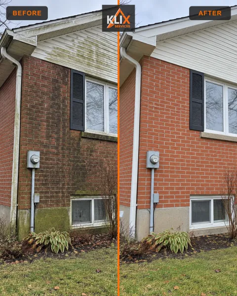 Before-and-after comparison of exterior staining on a residential brick wall
