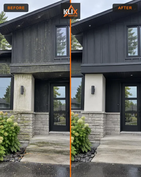 Before-and-after comparison of dust and film removed from dark house siding