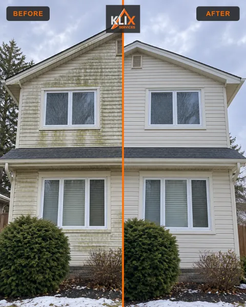 Before-and-after comparison of a two-storey vinyl wall after exterior soft washing