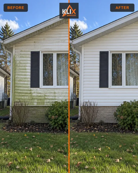 Before-and-after comparison of green staining removed from white vinyl siding