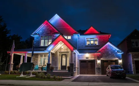 Home roofline displaying a multicolour pattern with permanent LED lights