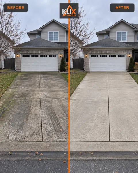 Before-and-after comparison of a residential concrete driveway after pressure washing