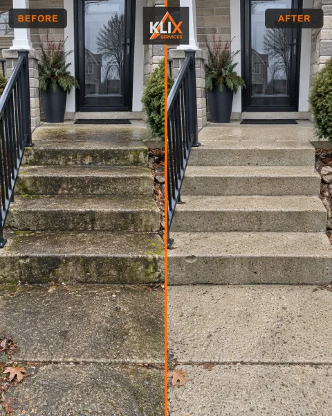 Before-and-after comparison of dark buildup removed from concrete front steps