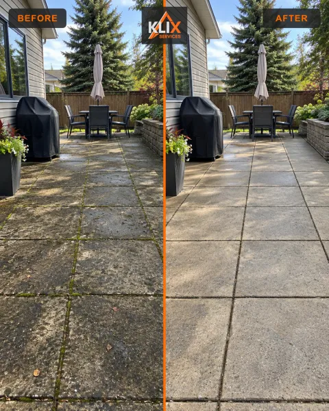 Before-and-after comparison of dark buildup removed from patio pavers