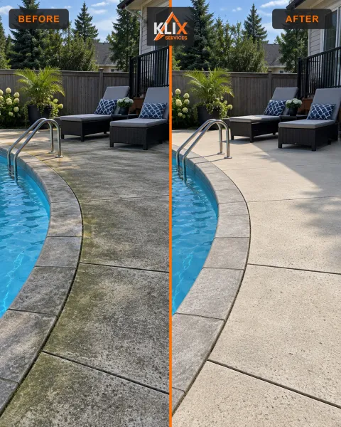 Before-and-after comparison of a concrete pool deck after pressure washing