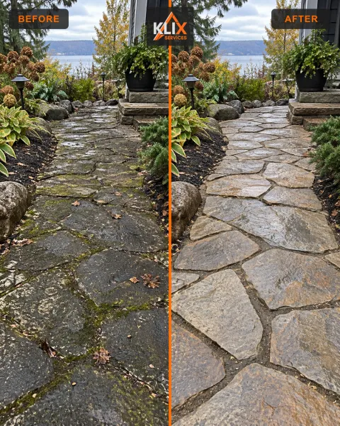 Before-and-after comparison of dark organic buildup removed from a stone garden path