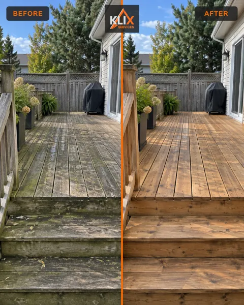 Before-and-after comparison of an outdoor wood deck after surface cleaning
