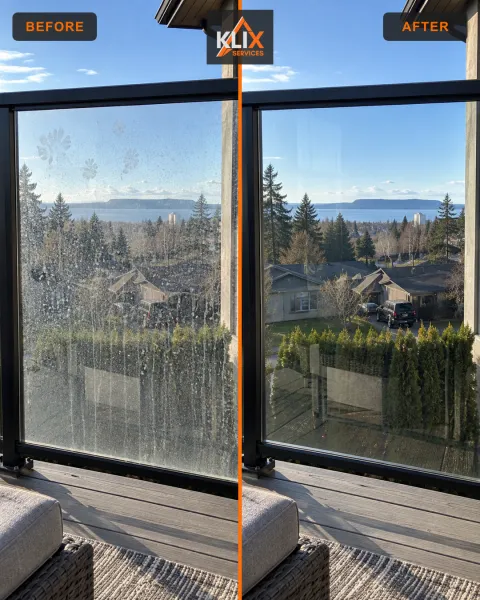 Before-and-after comparison of exterior glass railing panels overlooking a yard