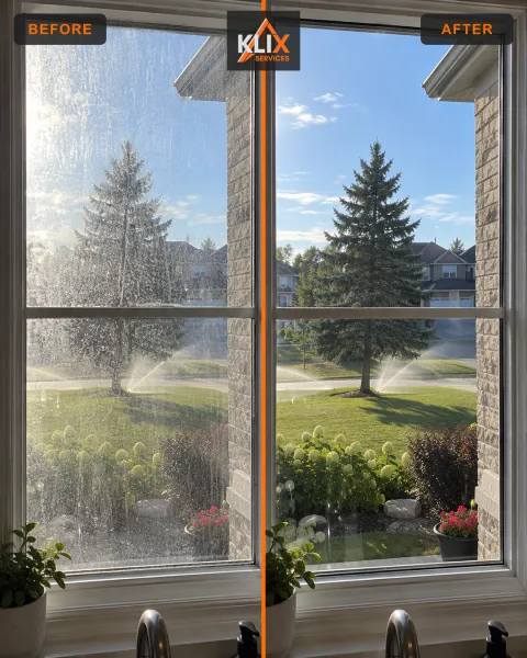Before-and-after comparison of exterior window glass with visible mineral spotting