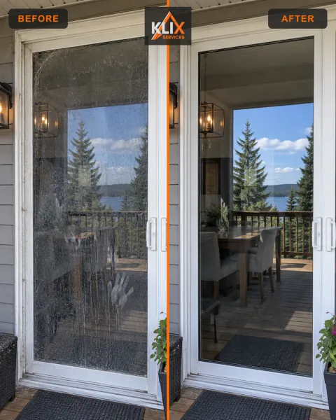 Before-and-after comparison of exterior sliding patio door glass