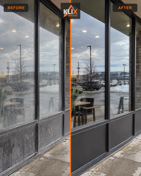 Before-and-after comparison of large commercial storefront windows