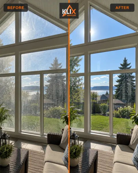 Before-and-after comparison of tall sunroom windows with multiple glass panes