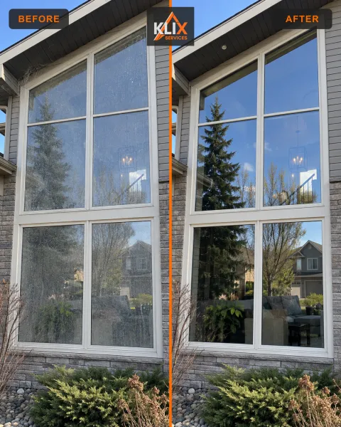 Before-and-after comparison of exterior multi-pane windows on a two-storey home