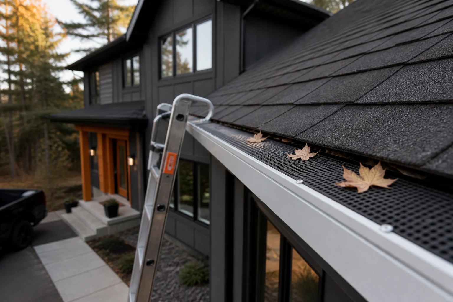 Perforated gutter guard fitted over a residential eavestrough