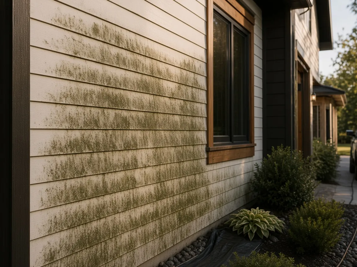 Close-up of vinyl siding with green algae and mildew before a Thunder Bay house soft wash
