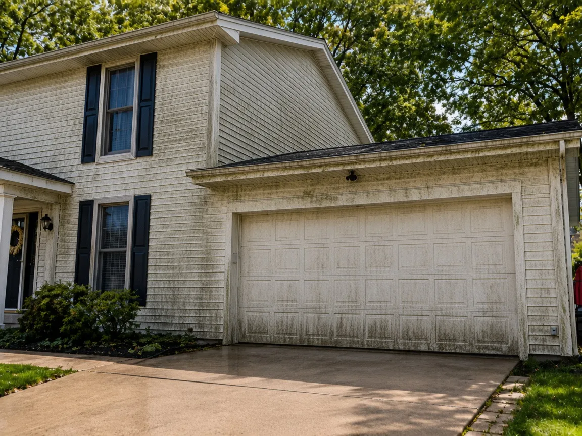 Two-storey Thunder Bay home with algae-stained white vinyl siding before a house soft wash