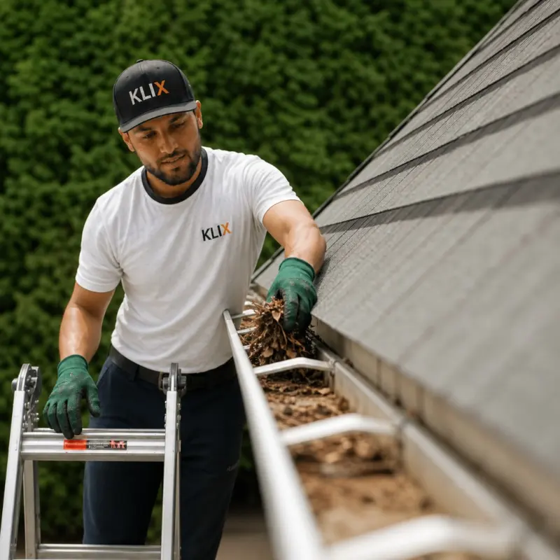 Klix technician clearing packed leaves from a Thunder Bay gutter
