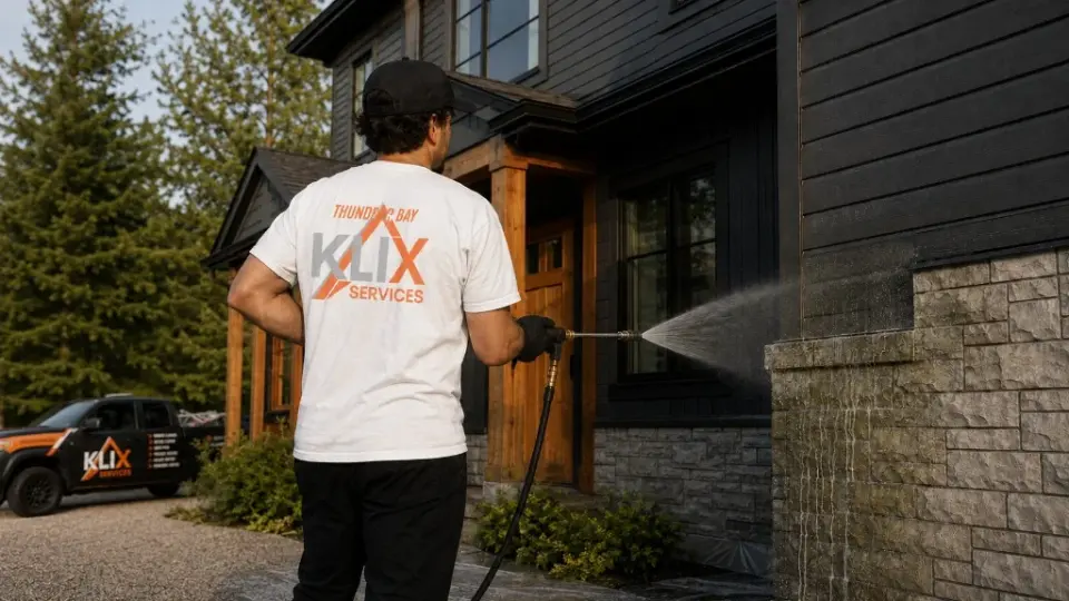 Klix technician applying a soft wash to a Thunder Bay home