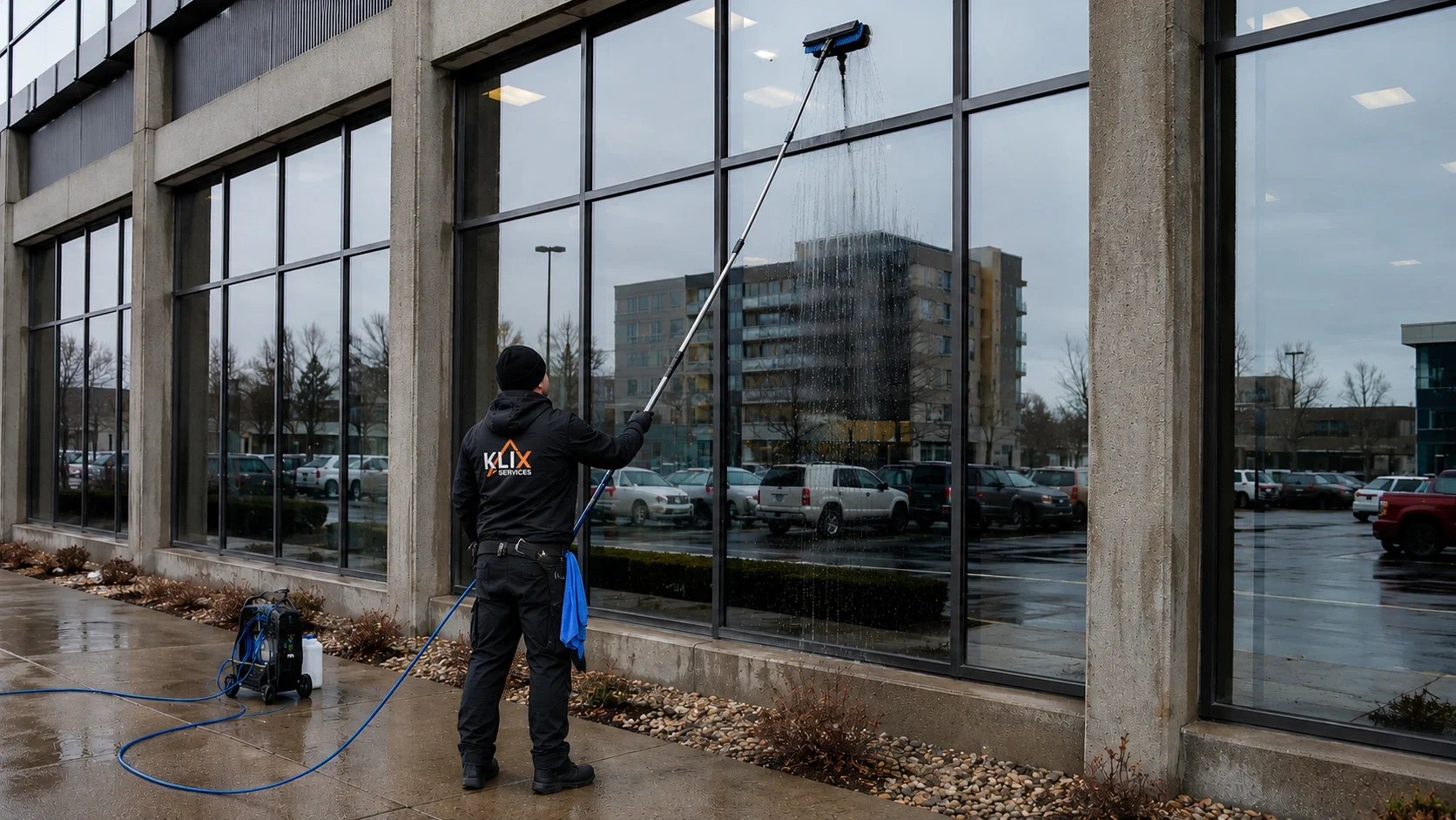 Water-fed pole cleaning commercial exterior glass in Thunder Bay