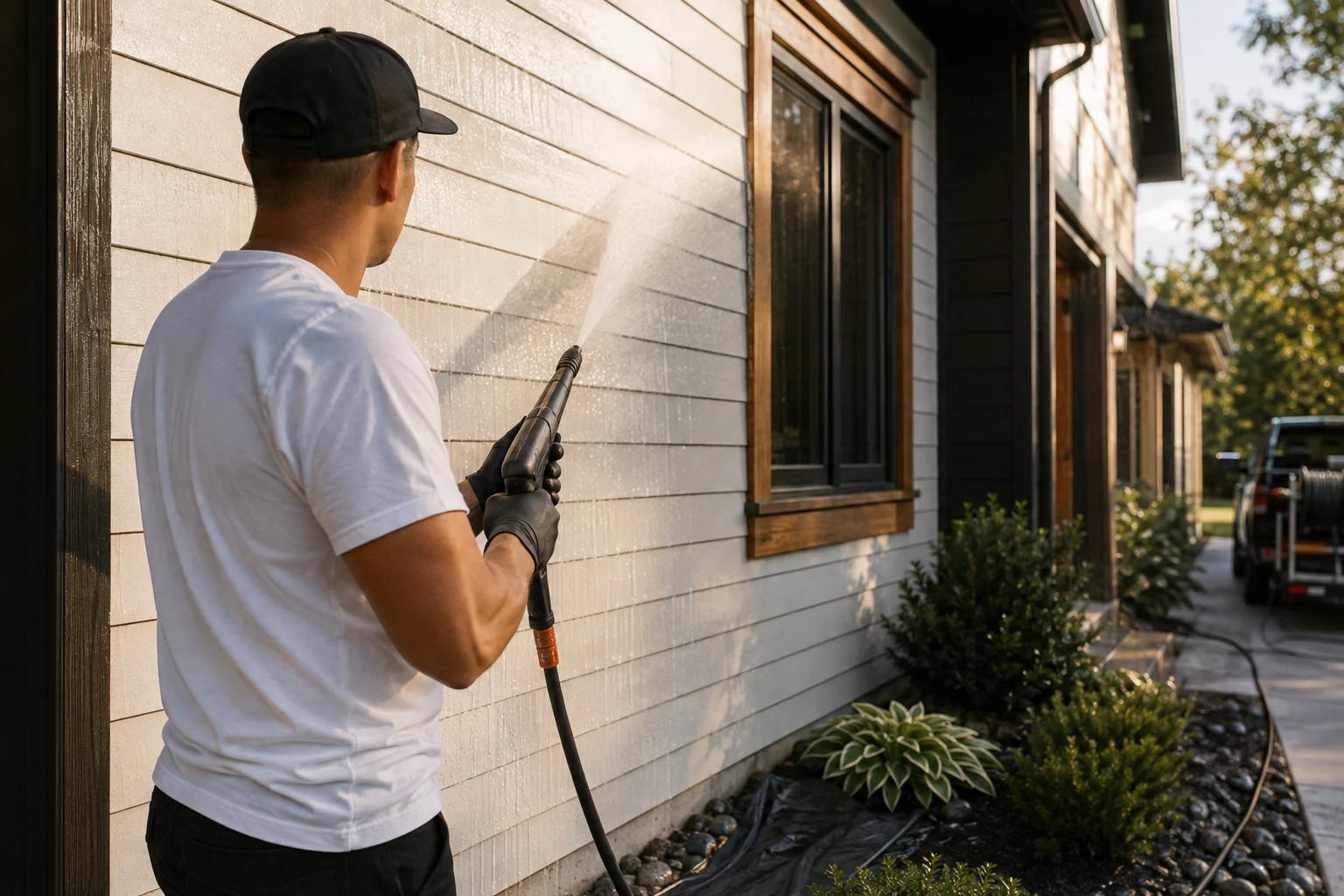 Klix technician applying a gentle wash to vinyl siding in Thunder Bay