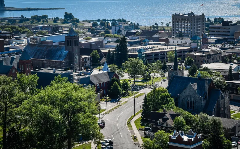 Aerial view of Thunder Bay looking toward Lake Superior and the harbour